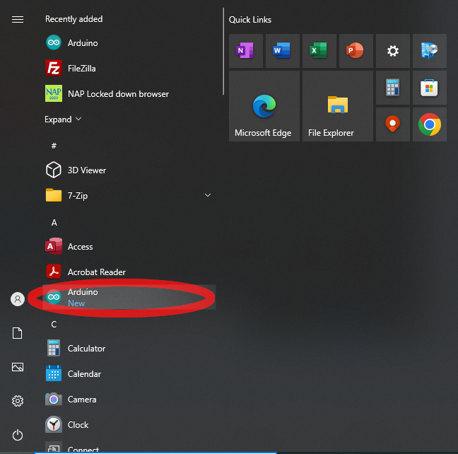 Arduino program in the start menu